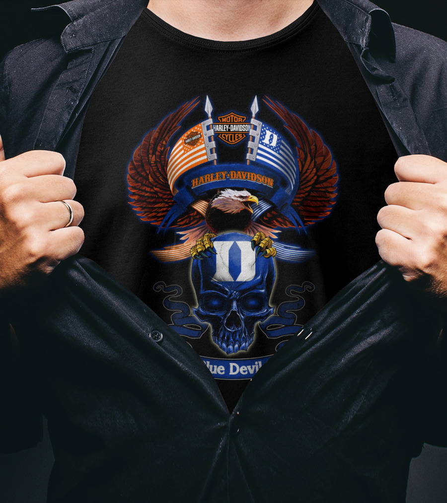 Harley Davidson Motor Cycles Eagle Skull Blue Devils T-Shirt