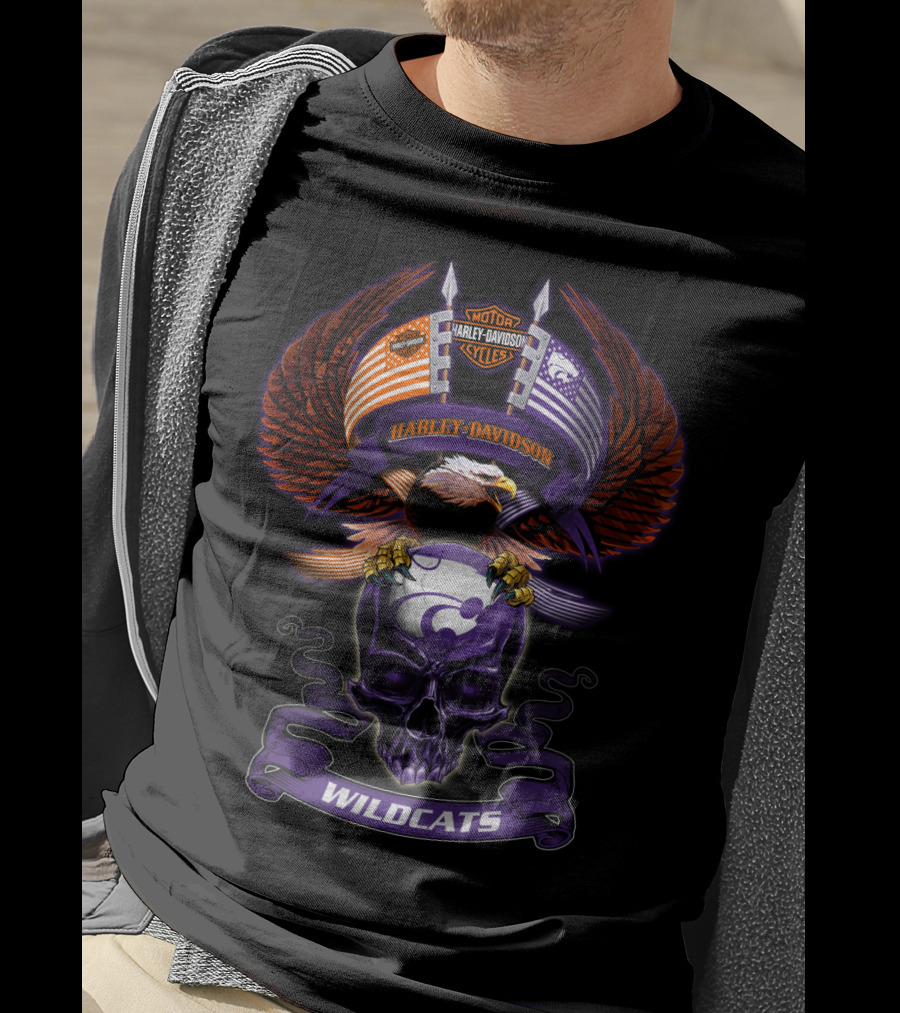 Harley Davidson Motor Cycles Kansas State Wildcats Bald Eagle Skull Wings T-Shirt