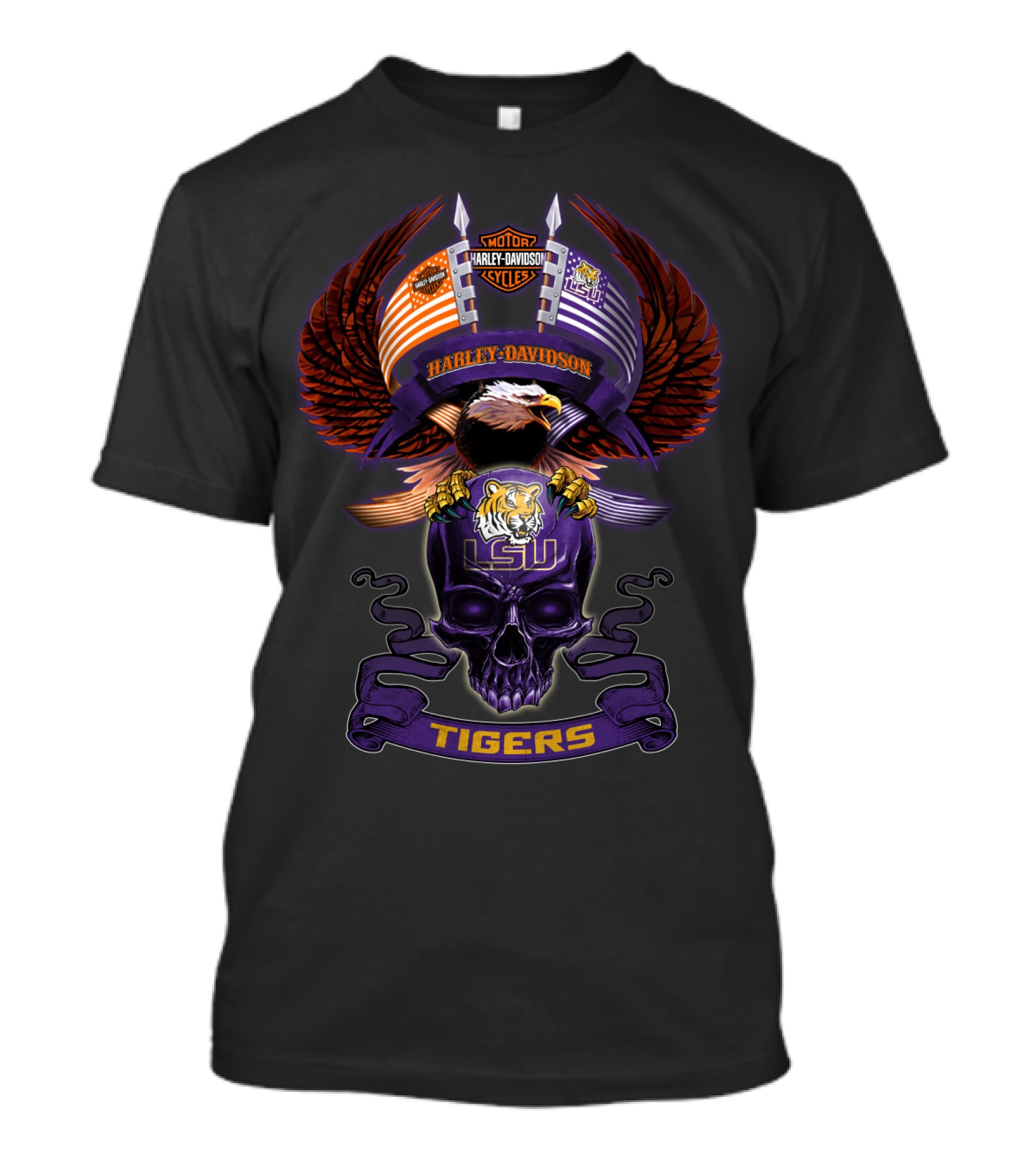 Harley Davidson Lsu Tigers Eagle And Skull Motorcycle Lifestyle T-Shirt