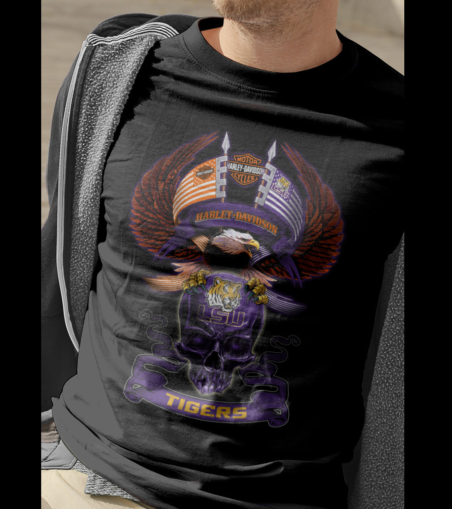 Harley Davidson Lsu Tigers Eagle And Skull Motorcycle Lifestyle T-Shirt