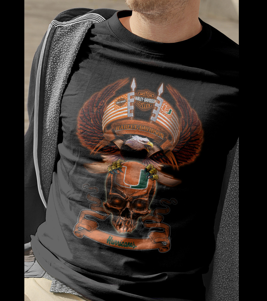 Harley Davidson Motorcycles Miami Hurricanes Eagle Skull T-Shirt