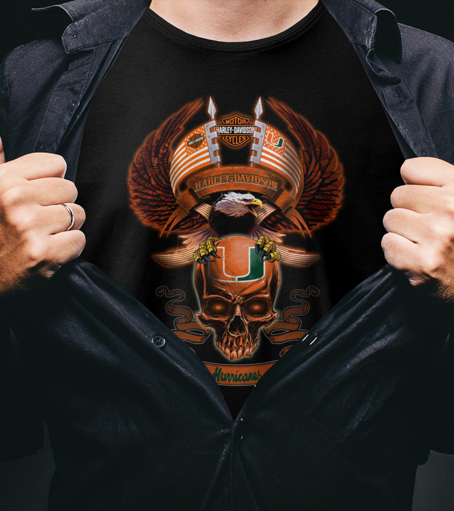 Harley Davidson Motorcycles Miami Hurricanes Eagle Skull T-Shirt