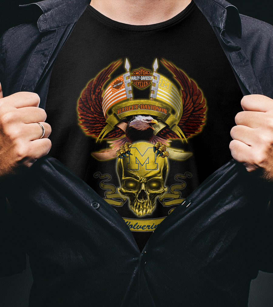 Motorcycles Harley Davidson Michigan Wolverines M Skull Eagle Wings T-Shirt