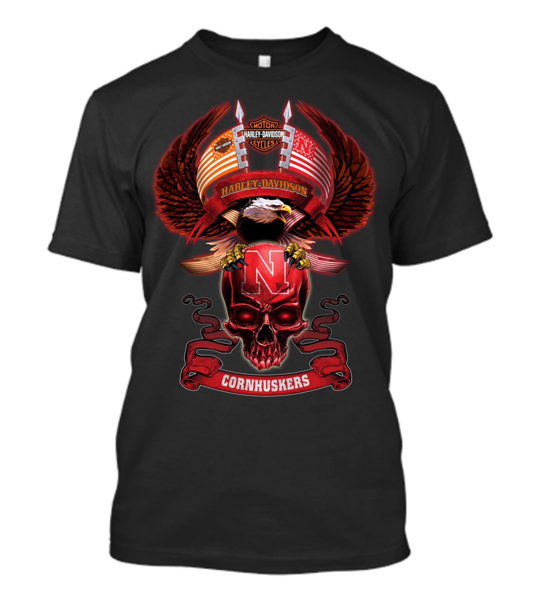 Harley Davidson Motorcycles Nebraska Cornhuskers Eagle And Skull T-Shirt