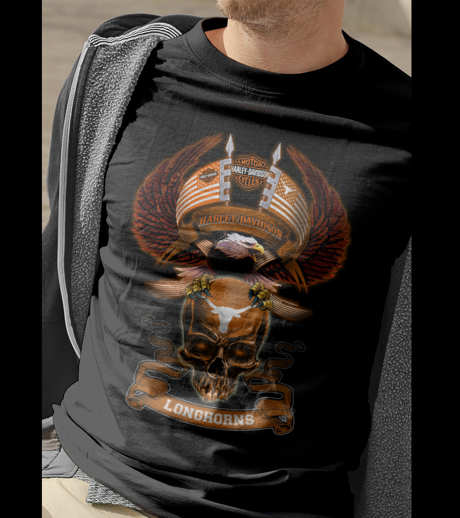 Harley Davidson Texas Longhorns Eagle Skull Wings T-Shirt