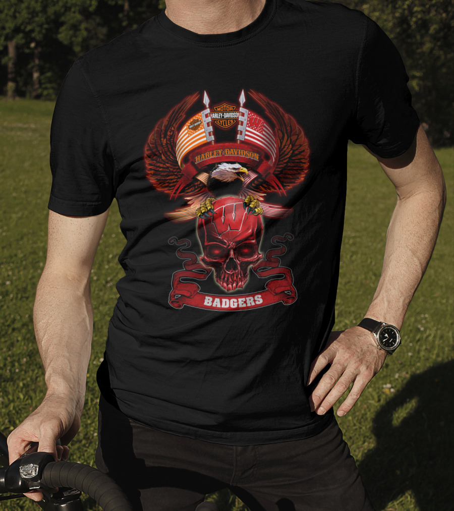 Harley Davidson Badgers Skull Eagle Wisconsin T-Shirt