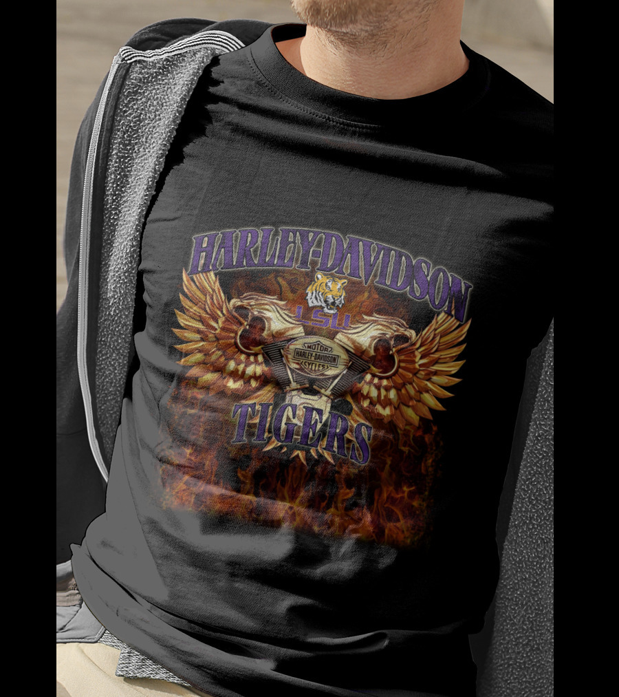 Harley Davidson Lsu Tigers Winged Engine Flame T-Shirt
