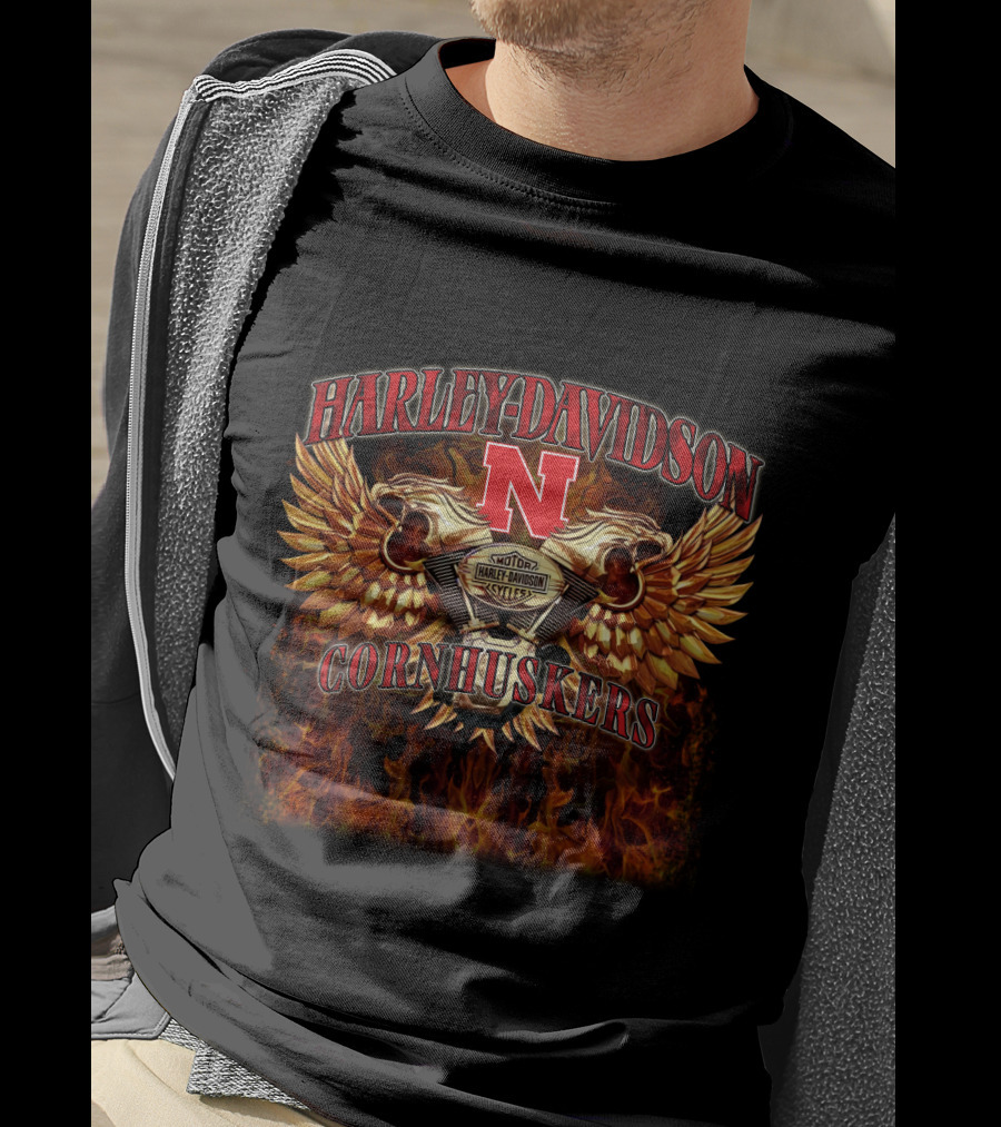 Harley Davidson Nebraska Cornhuskers N Logo With Wings And Flames T-Shirt