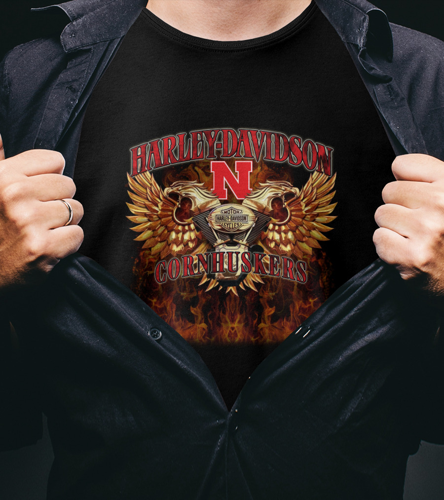 Harley Davidson Nebraska Cornhuskers N Logo With Wings And Flames T-Shirt