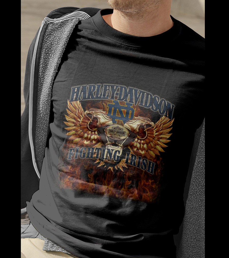 Harley Davidson Notre Dame Fighting Irish Motorcycles Flames Winged Skulls T-Shirt