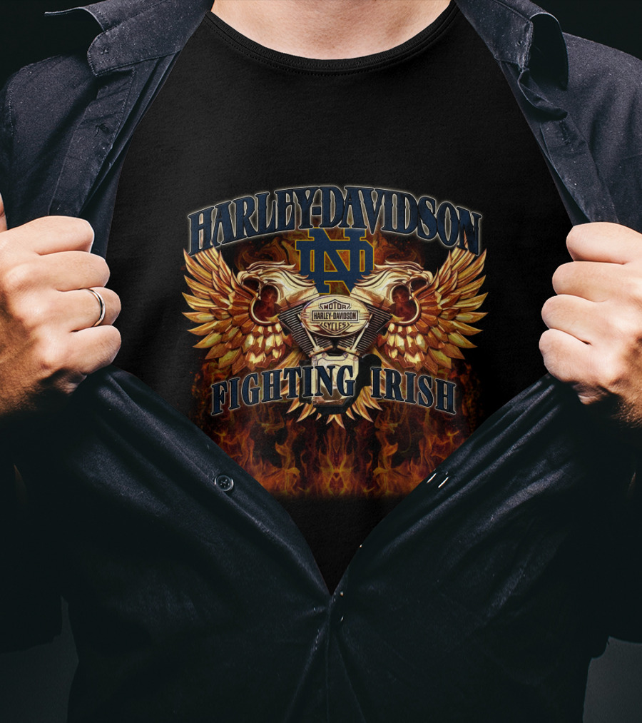 Harley Davidson Notre Dame Fighting Irish Motorcycles Flames Winged Skulls T-Shirt