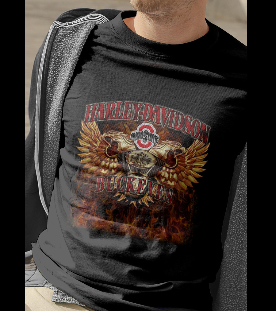 Harley Davidson Ohio State Buckeyes Ncaa612 Flaming Wings T-Shirt