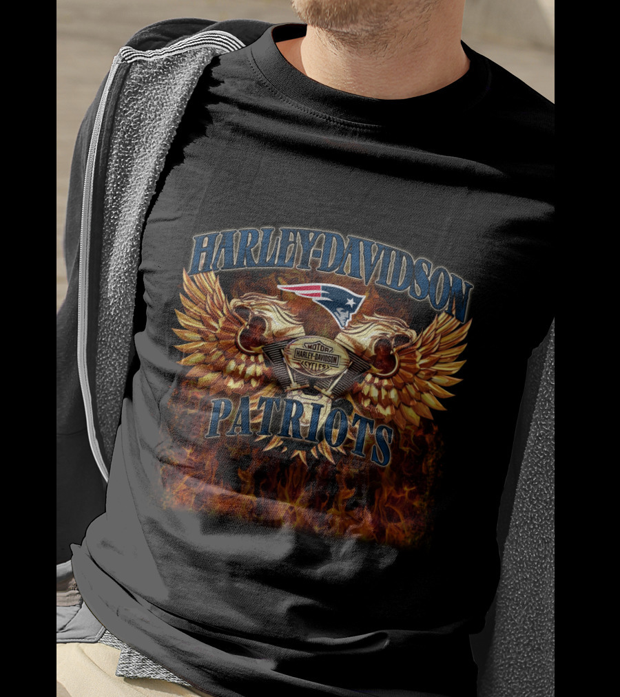 Harley Davidson New England Patriots Logo Flames Wings T-Shirt