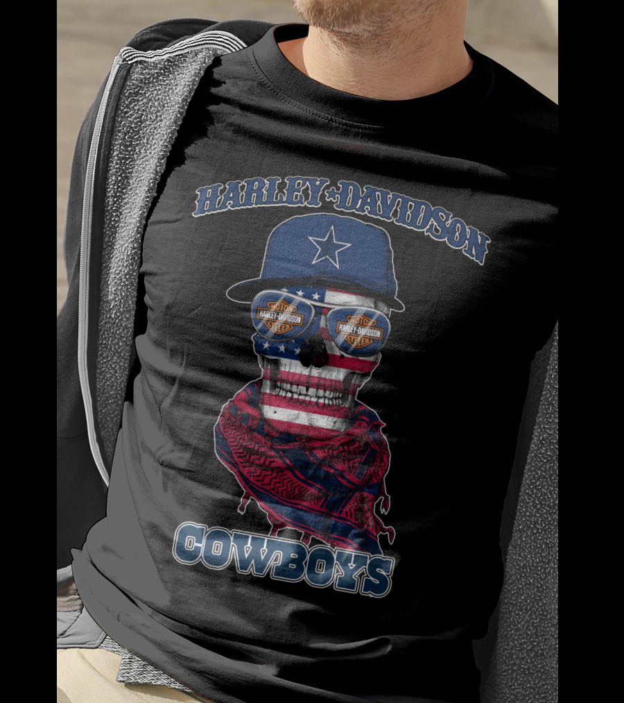 Harley Davidson Usa Cowboys Skull With Flag Bandana And Star Cap T-Shirt