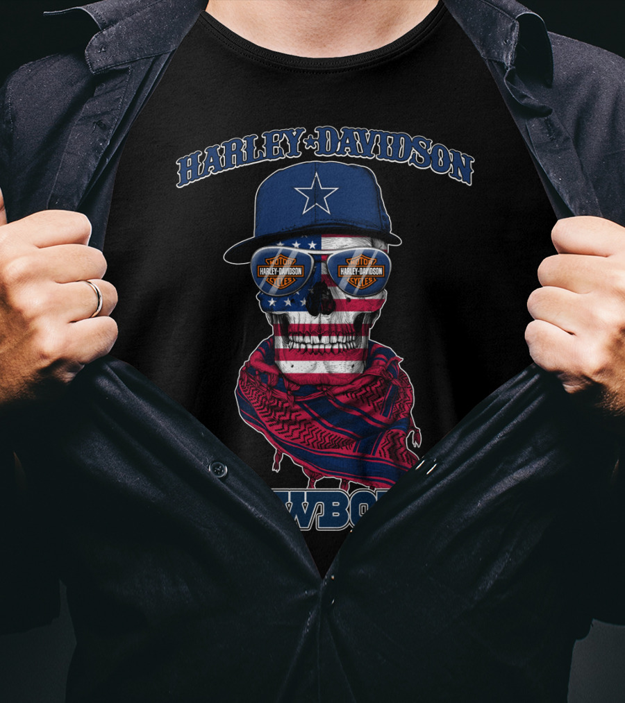 Harley Davidson Usa Cowboys Skull With Flag Bandana And Star Cap T-Shirt
