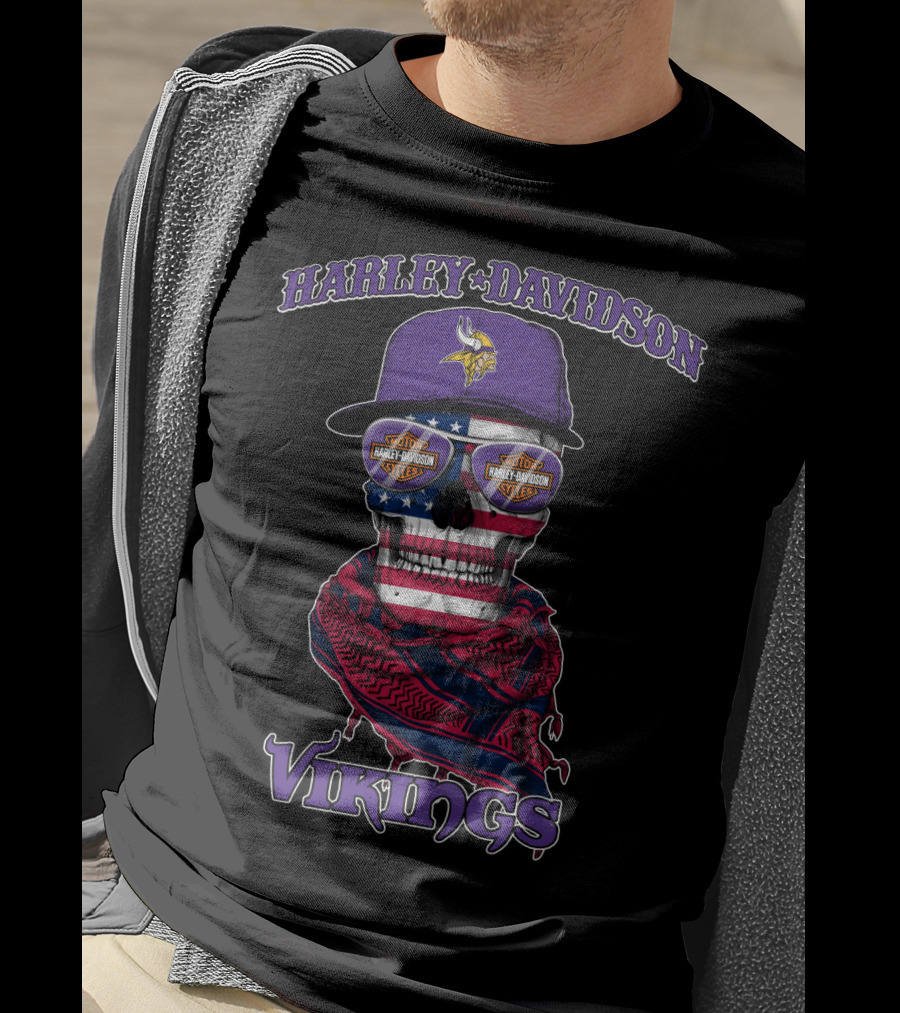 Harley Davidson Vikings Minnesota Skull Usa Flag Nfl T-Shirt