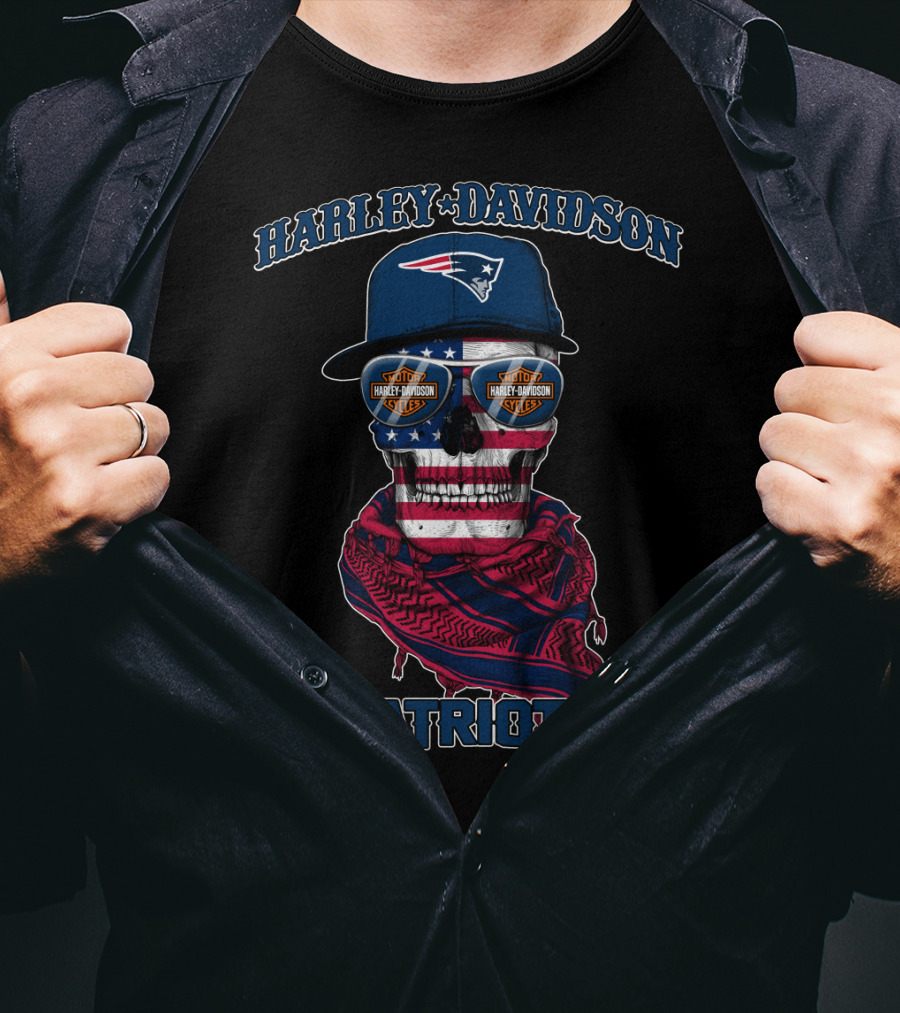 Harley Davidson New England Patriots Usa Flag Skull With Sunglasses T-Shirt