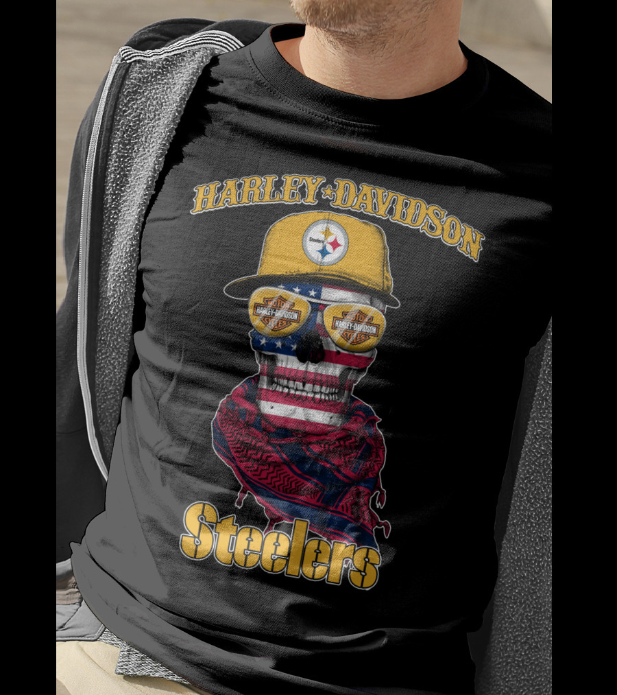 Harley Davidson Steelers American Flag Skull Cap T-Shirt