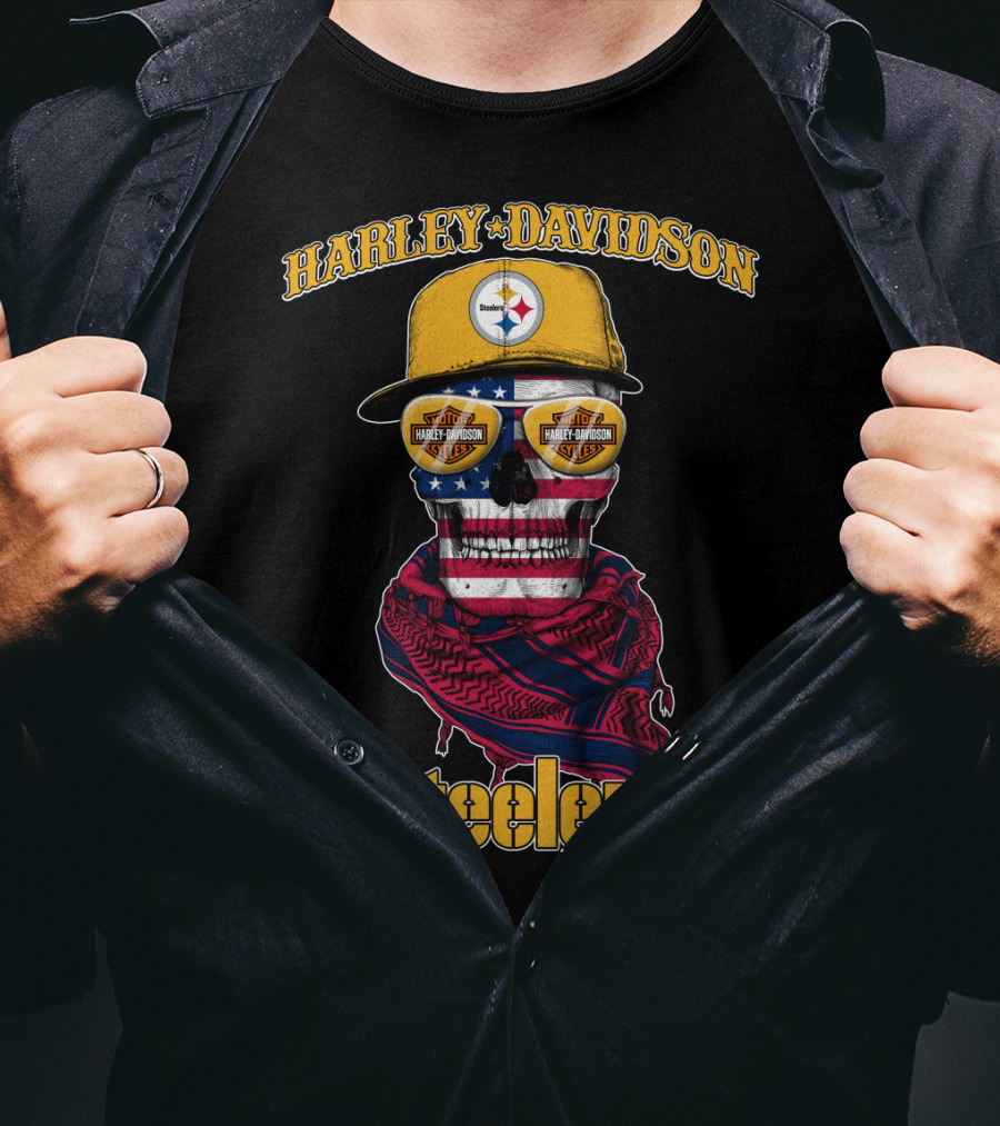 Harley Davidson Steelers American Flag Skull Cap T-Shirt