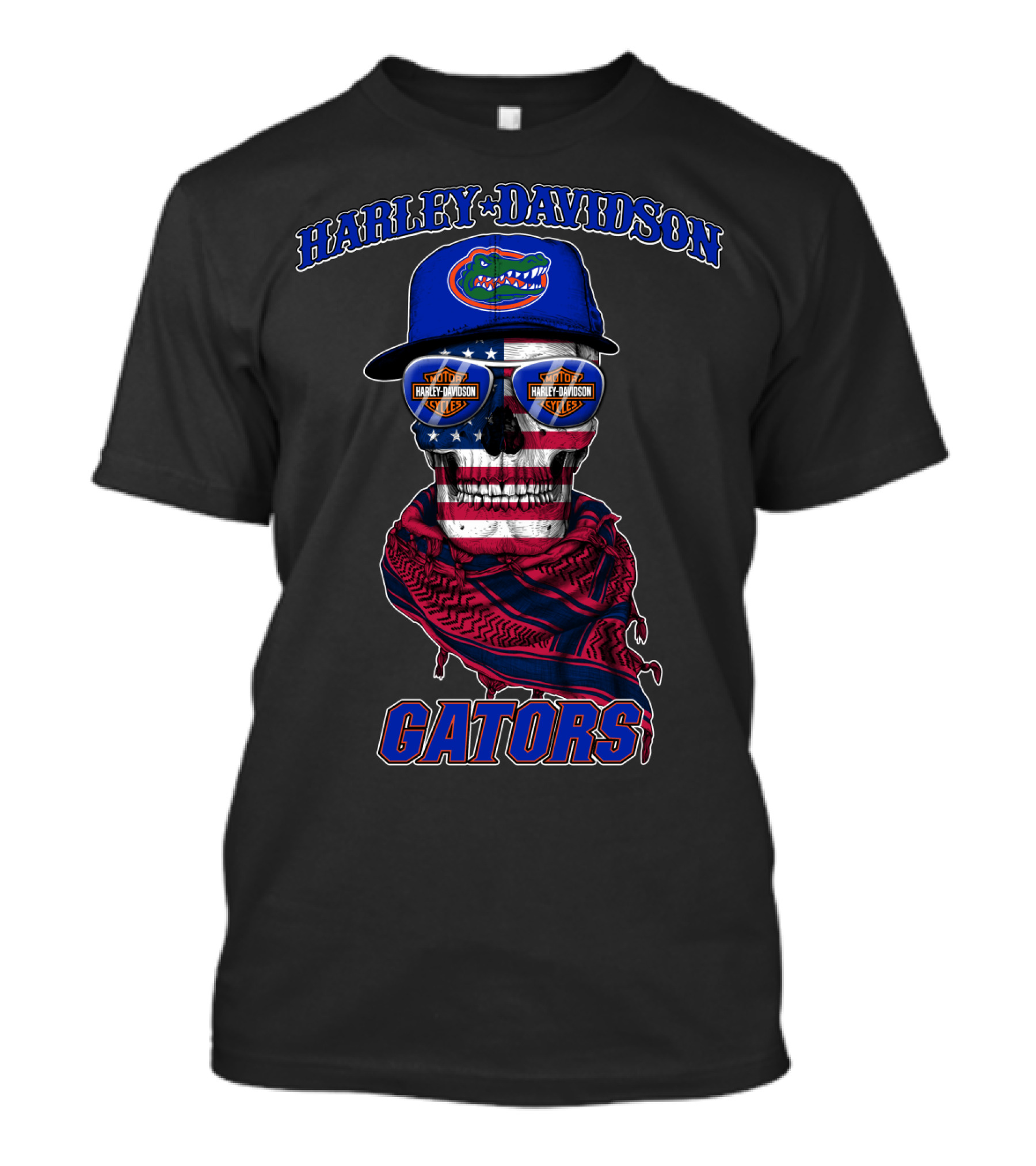Harley Davidson Gators Florida American Flag Skull T-Shirt