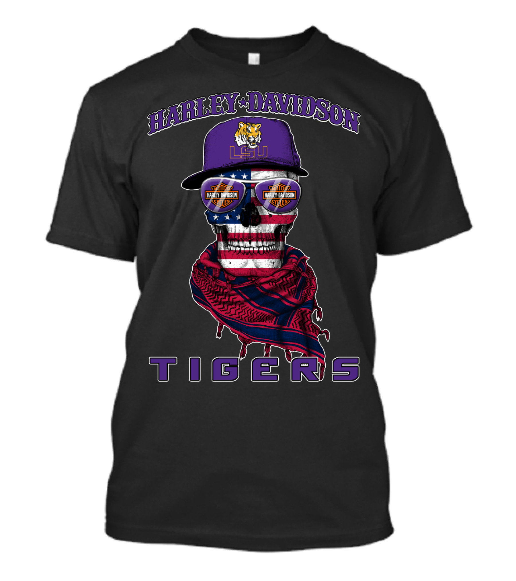 Harley Davidson Lsu Tigers Skull With American Flag And Cap T-Shirt