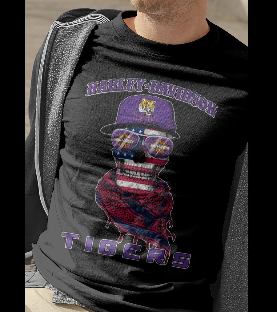 Harley Davidson Lsu Tigers Skull With American Flag And Cap T-Shirt