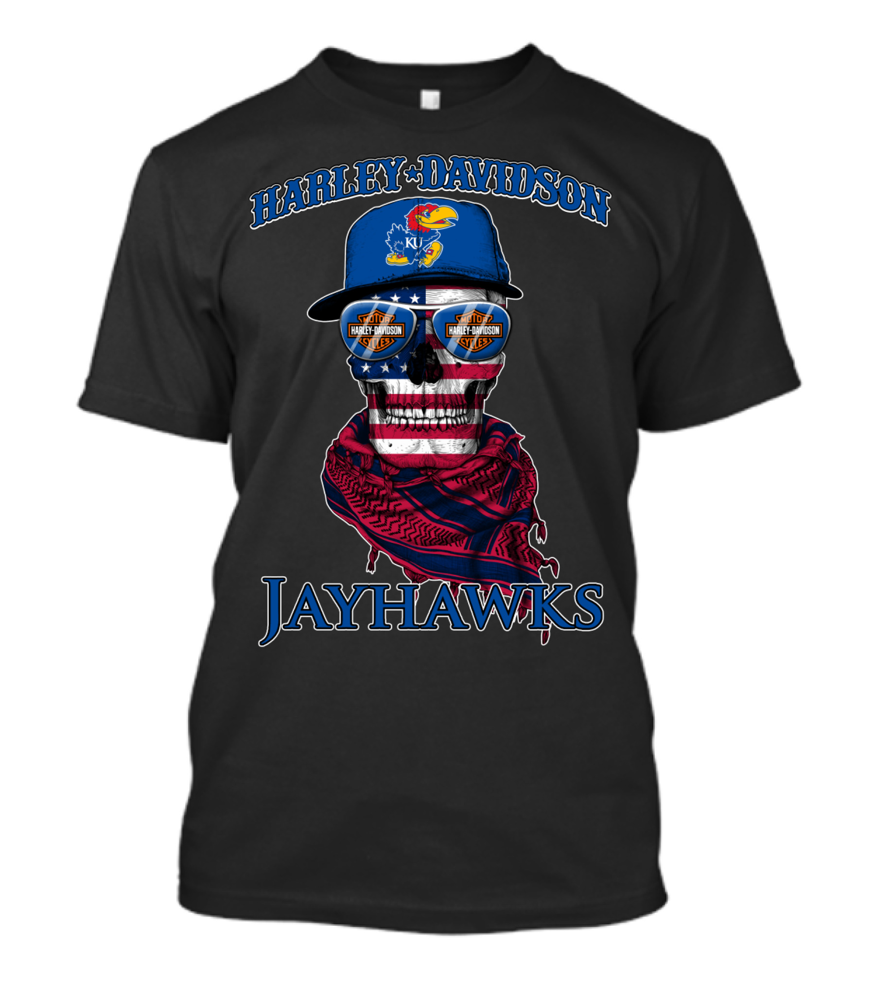Harley Davidson Kansas Jayhawks Skull With Usa Flag Bandana And Logo Sunglasses T-Shirt