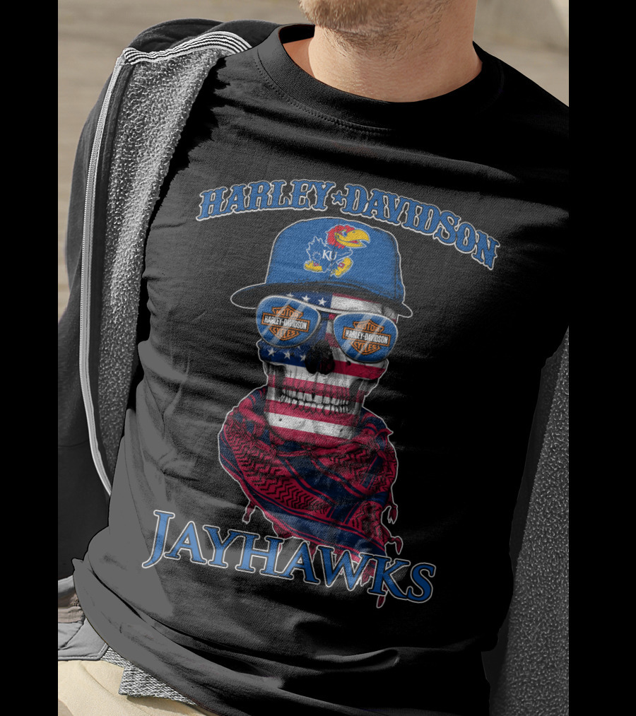 Harley Davidson Kansas Jayhawks Skull With Usa Flag Bandana And Logo Sunglasses T-Shirt