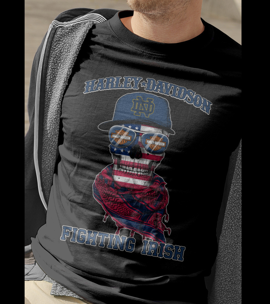 Harley Davidson Notre Dame Fighting Irish Skull With American Flag And Bandana T-Shirt