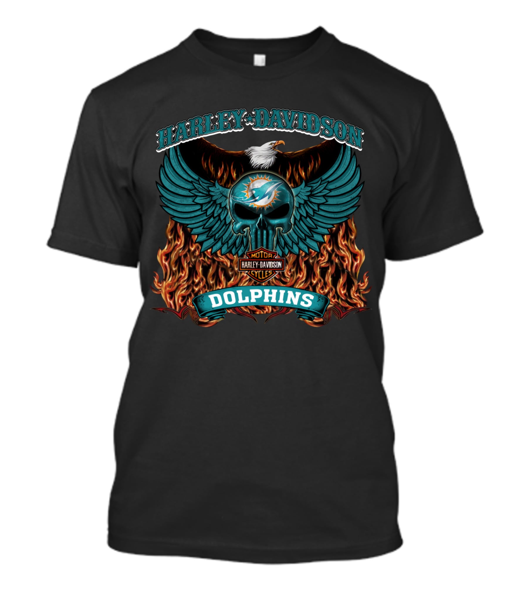 Harley Davidson Dolphins Miami Nfl Motor Cycles Logo Flames Wings Skull T-Shirt