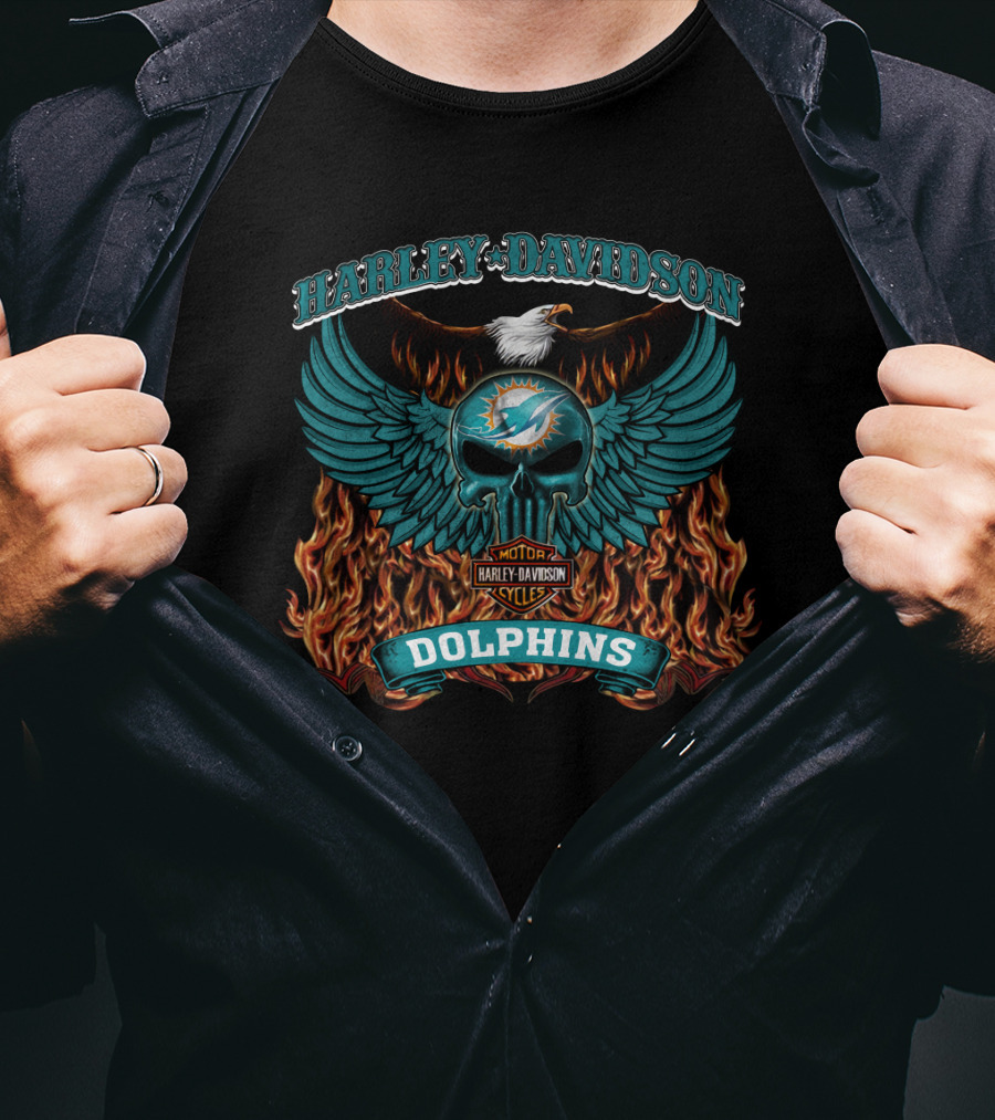 Harley Davidson Dolphins Miami Nfl Motor Cycles Logo Flames Wings Skull T-Shirt