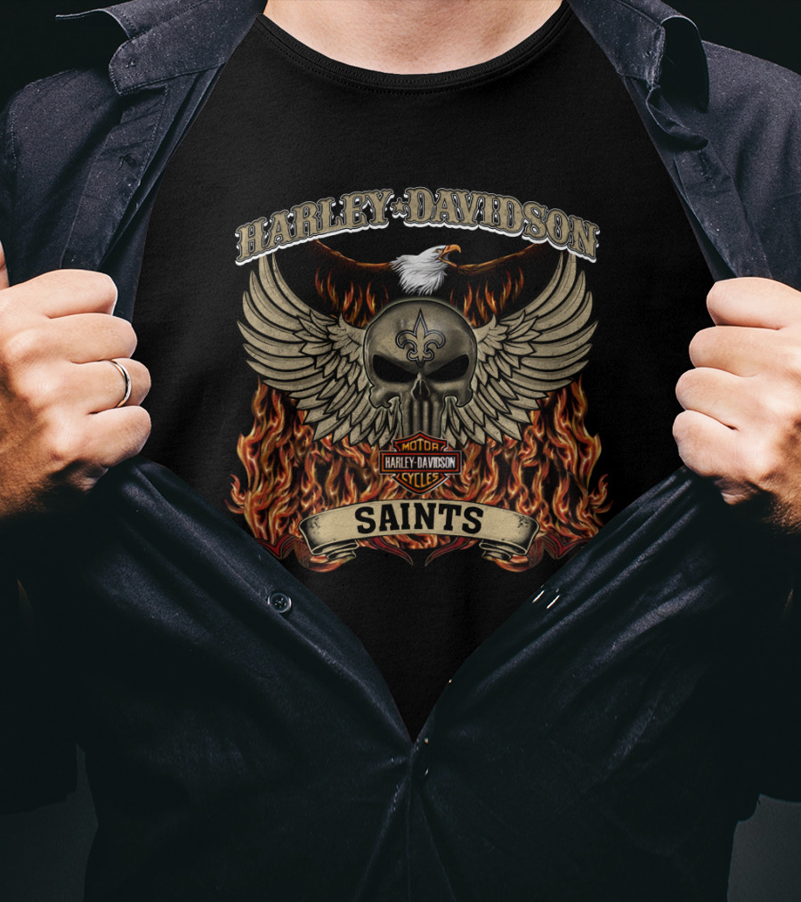 Harley Davidson Motor Cycles Saints New Orleans Flames And Skull T-Shirt