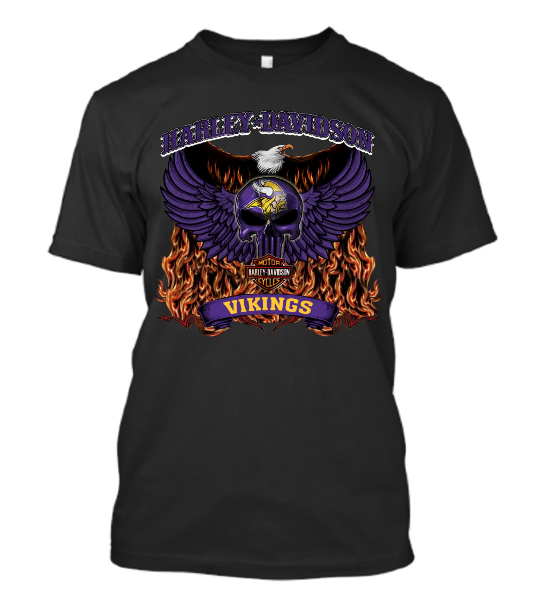 Harley Davidson Minnesota Vikings Nfl Motorcycles Flaming Winged Skull T-Shirt
