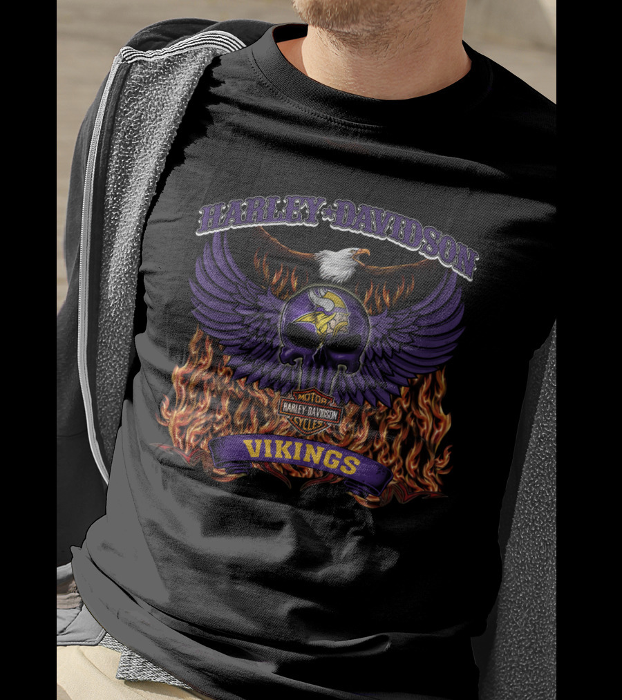 Harley Davidson Minnesota Vikings Nfl Motorcycles Flaming Winged Skull T-Shirt