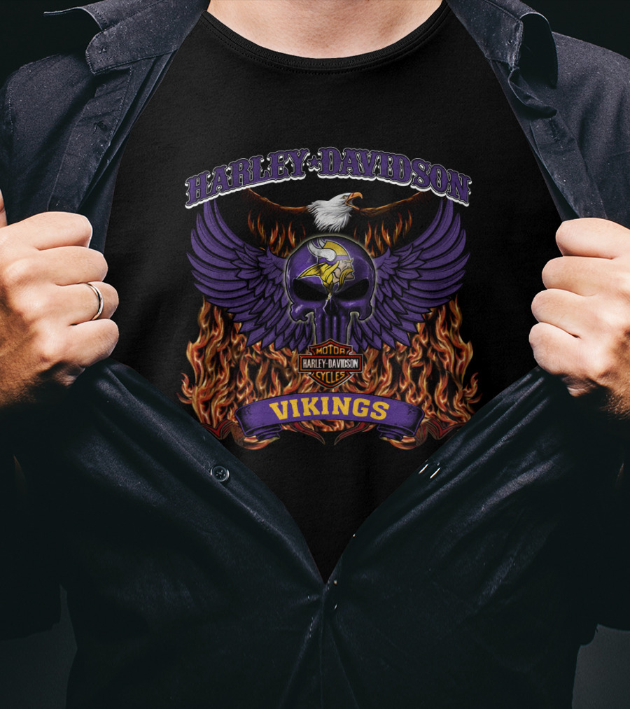 Harley Davidson Minnesota Vikings Nfl Motorcycles Flaming Winged Skull T-Shirt