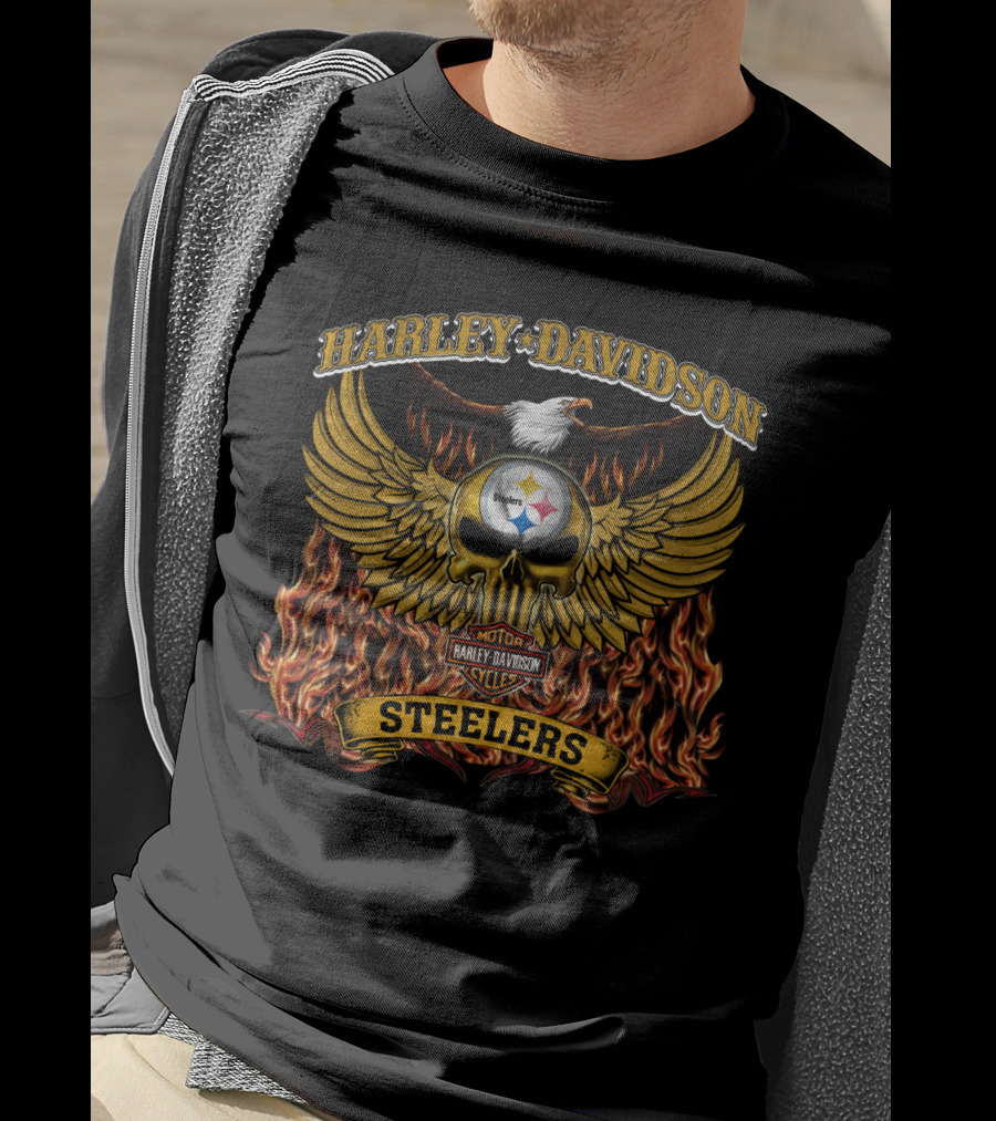 Harley Davidson Pittsburgh Steelers Winged Skull Flames T-Shirt