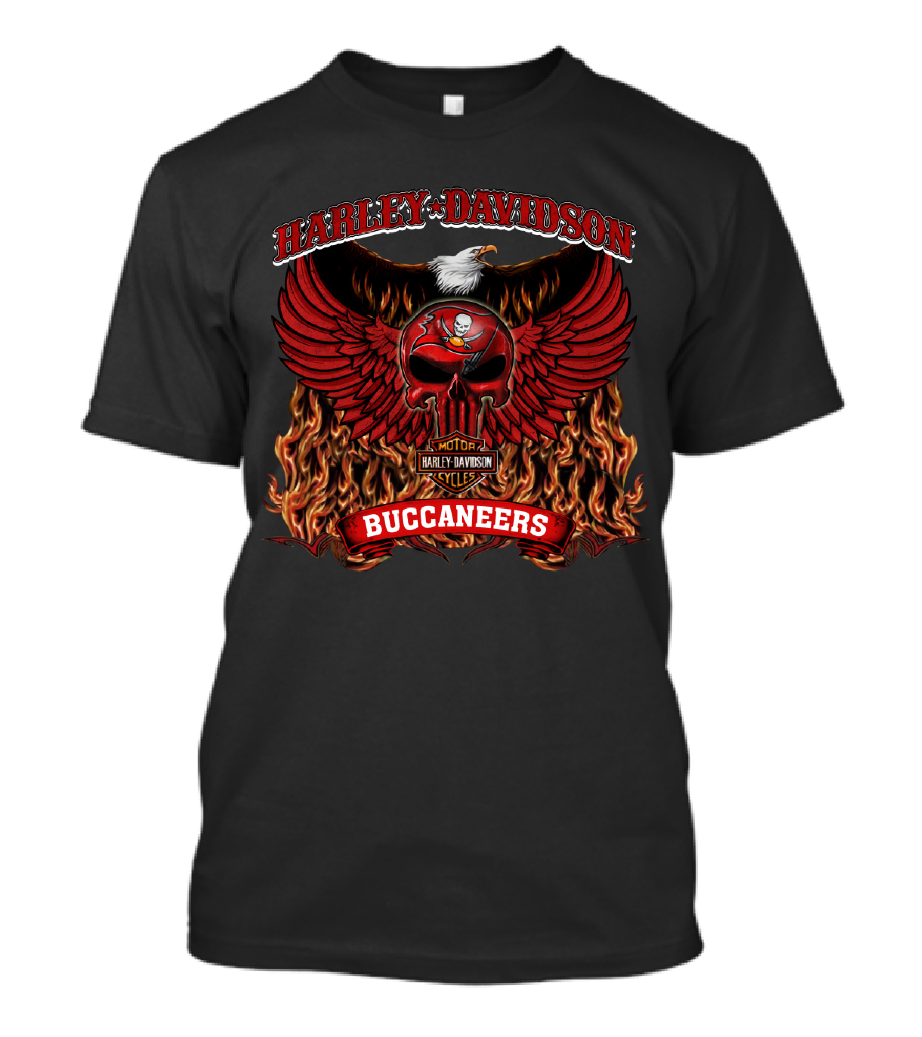 Harley Davidson Buccaneers Winged Skull Motor Cycles Flame T-Shirt