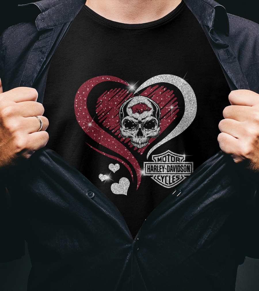Ncaa Arkansas Razorbacks Harley Davidson Skull Heart T-Shirt