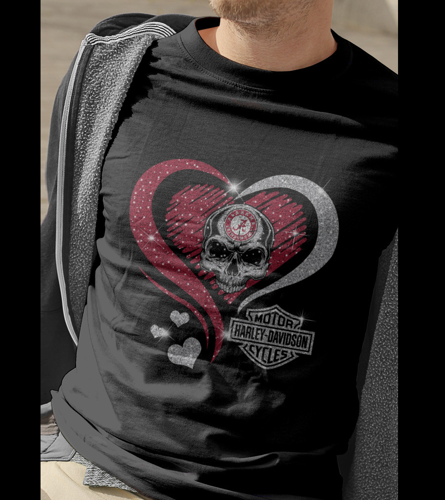 Alabama Crimson Tide Skull Heart Harley Davidson Motor Cycles T-Shirt