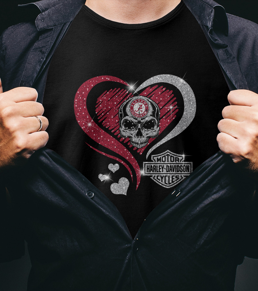 Alabama Crimson Tide Skull Heart Harley Davidson Motor Cycles T-Shirt