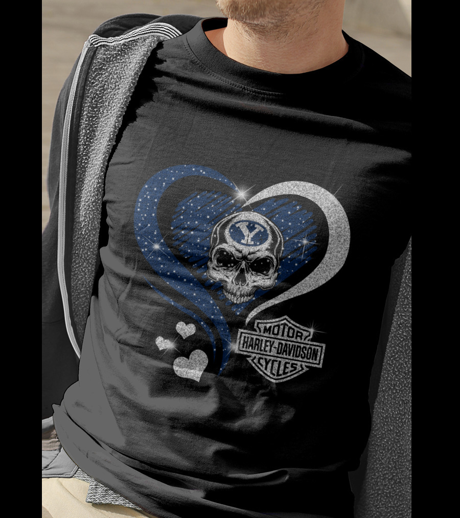 Ncaa Byu Cougars Skull Heart Harley Davidson Motor Cycles T-Shirt