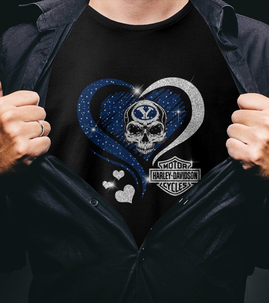 Ncaa Byu Cougars Skull Heart Harley Davidson Motor Cycles T-Shirt