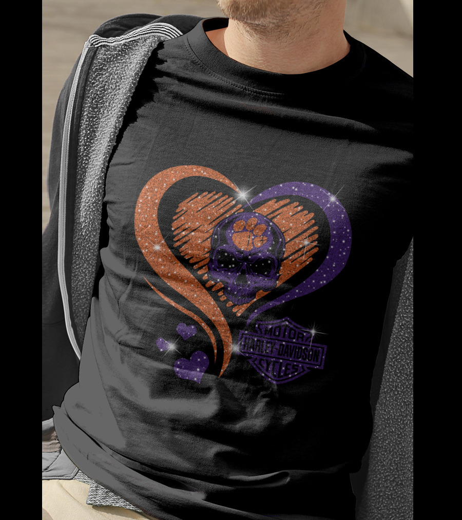 Clemson Tigers Harley Davidson Skull Heart T-Shirt