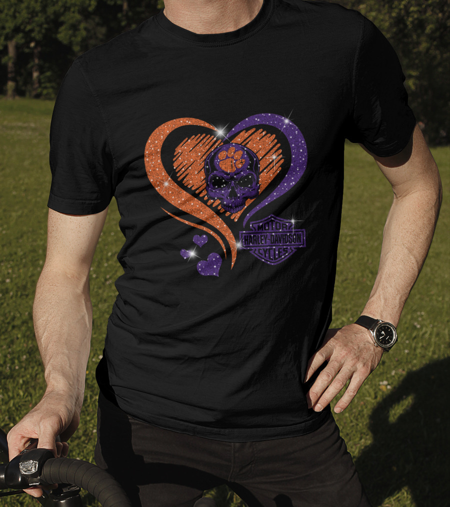 Clemson Tigers Harley Davidson Skull Heart T-Shirt