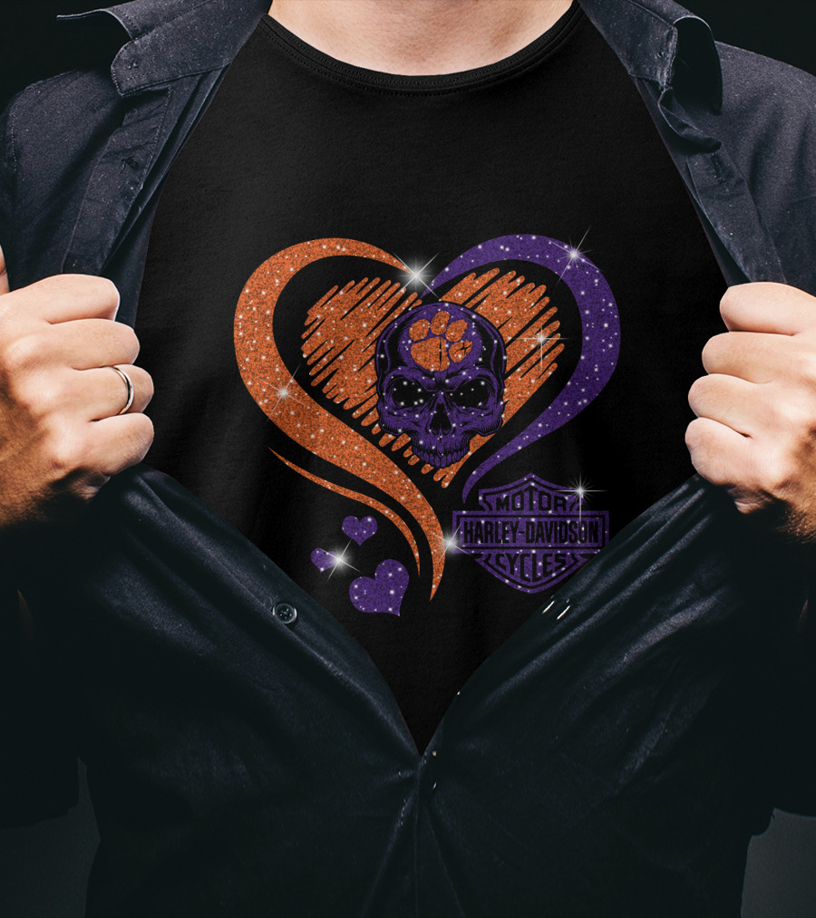 Clemson Tigers Harley Davidson Skull Heart T-Shirt