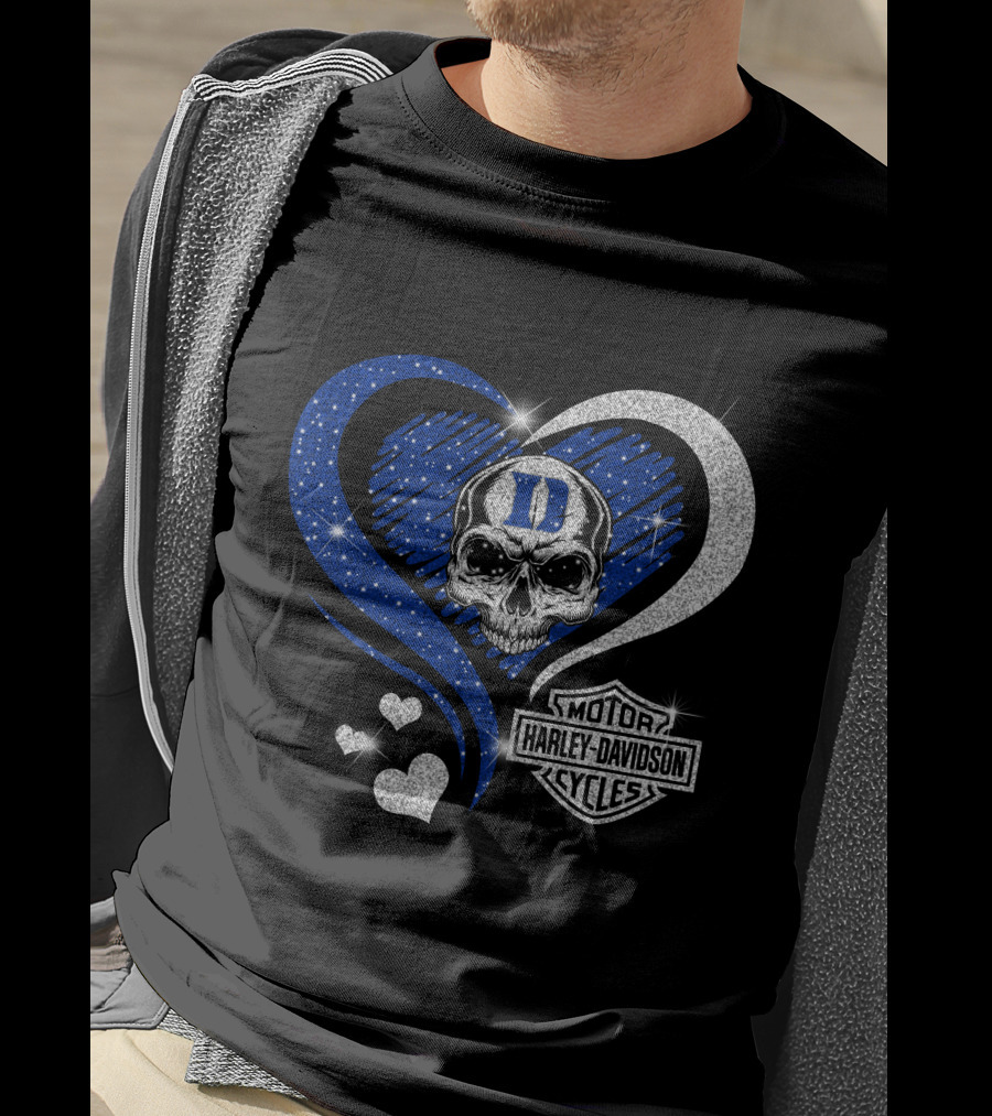 Duke Blue Devils Skull Heart Harley Davidson Motor Cycles Sparkle T-Shirt