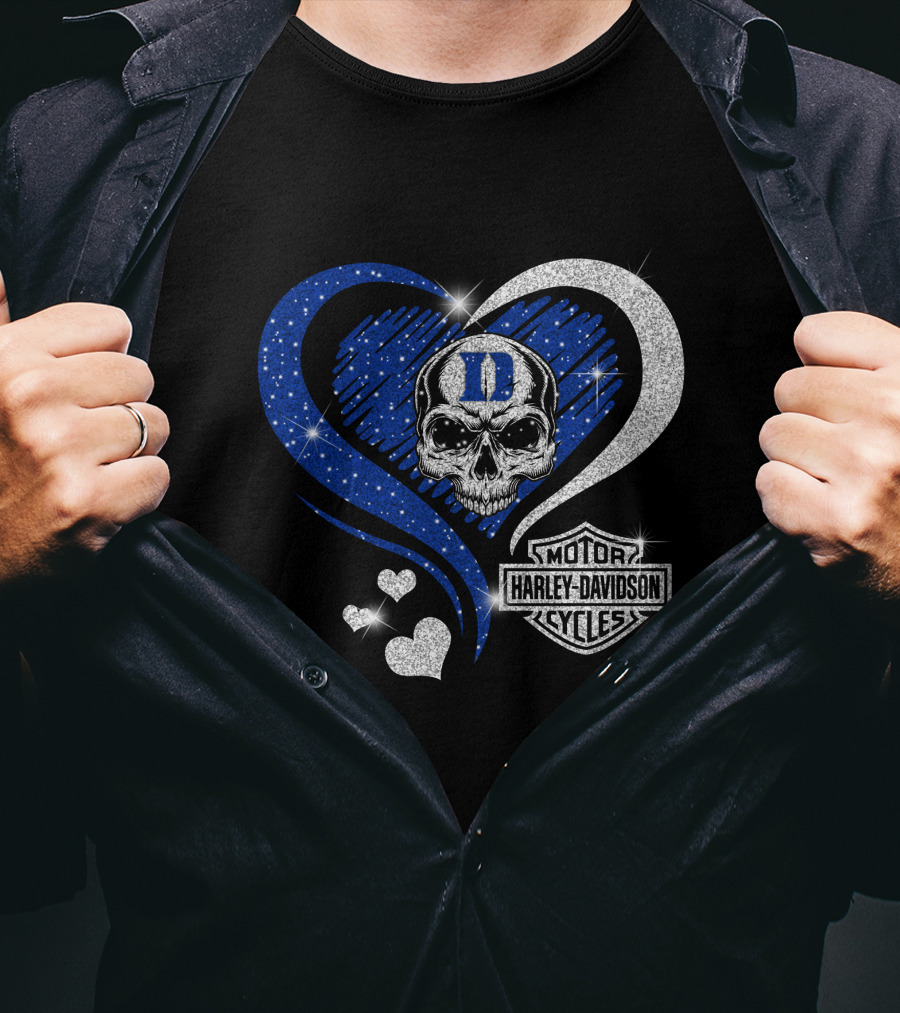 Duke Blue Devils Skull Heart Harley Davidson Motor Cycles Sparkle T-Shirt