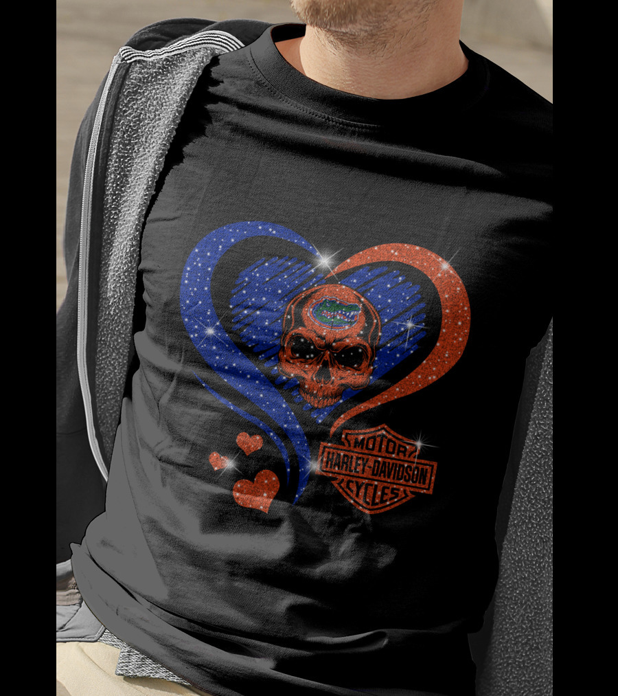 Ncaa Florida Gators Skull Heart Harley Davidson Motor Cycles T-Shirt