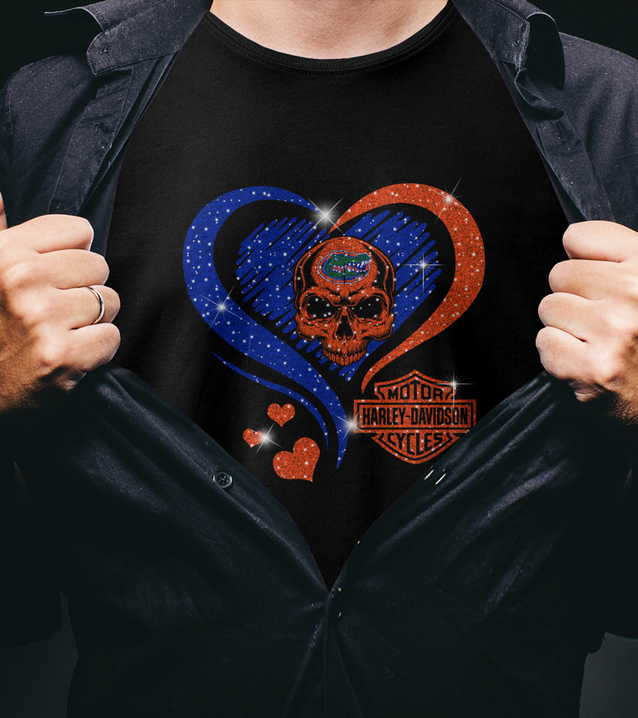 Ncaa Florida Gators Skull Heart Harley Davidson Motor Cycles T-Shirt