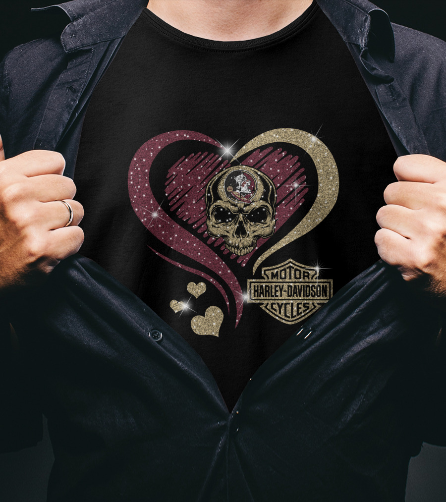 Florida State Seminoles Harley Davidson Heart Skull Motif T-Shirt